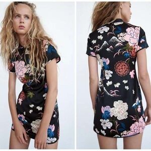 ZARA Black Floral Cheongsam Dress S NWT